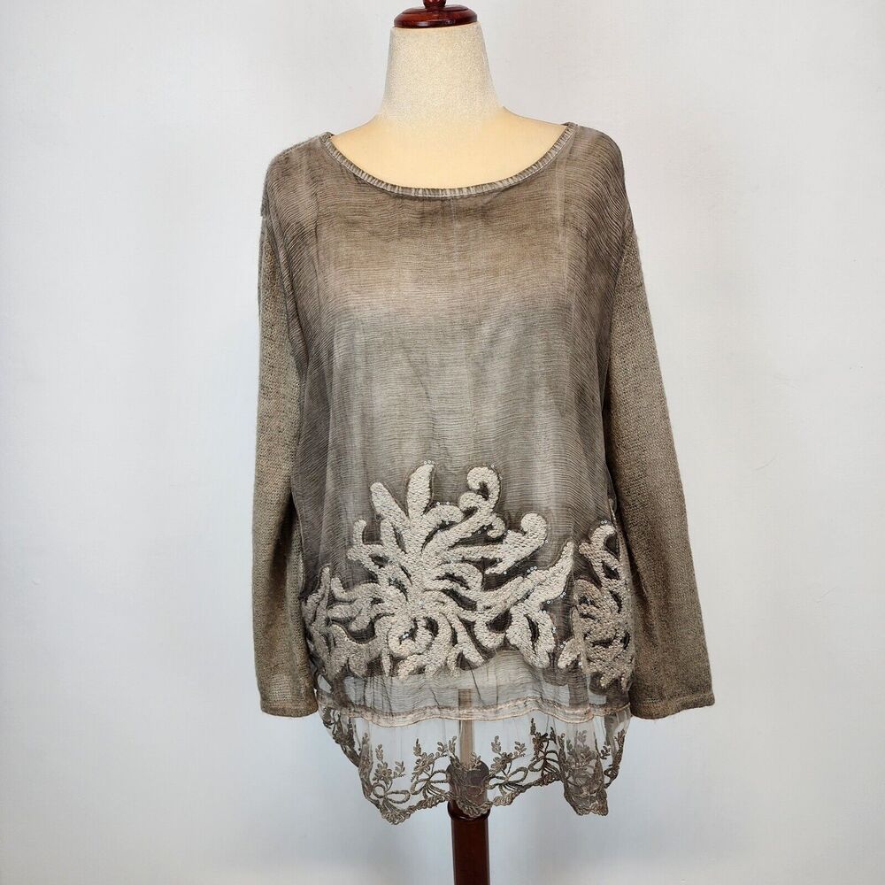 Belle France Womens Sweater Size M Smokey Gray Sequin Layered Silk Mohair Italy